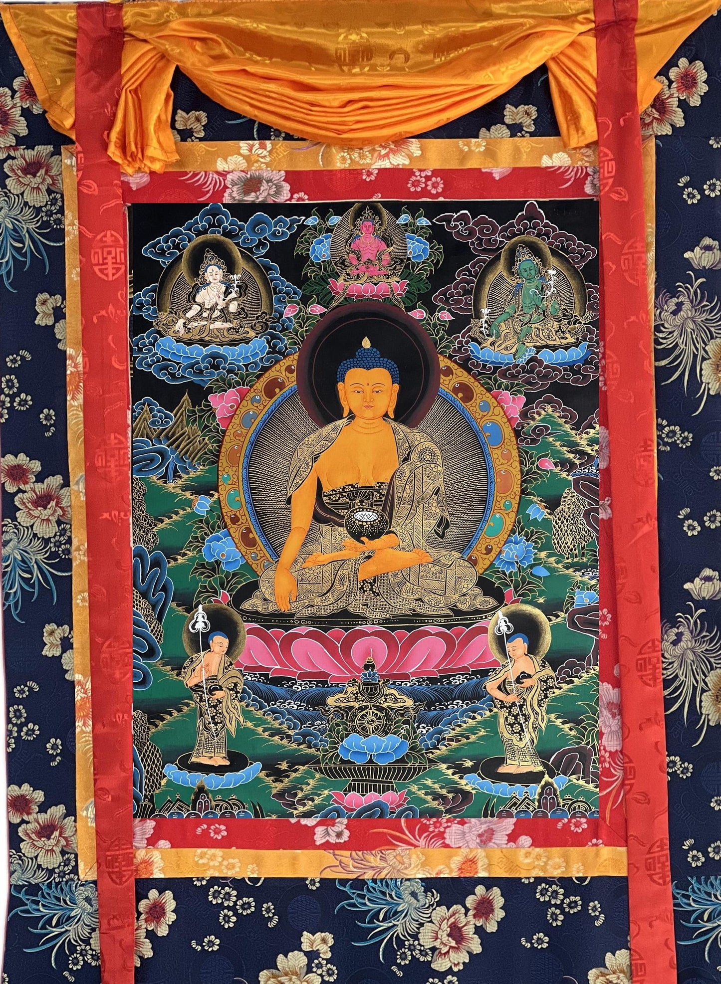 Hand-Painted Shakyamuni Buddha Thangka | Silk Brocade Framed Art