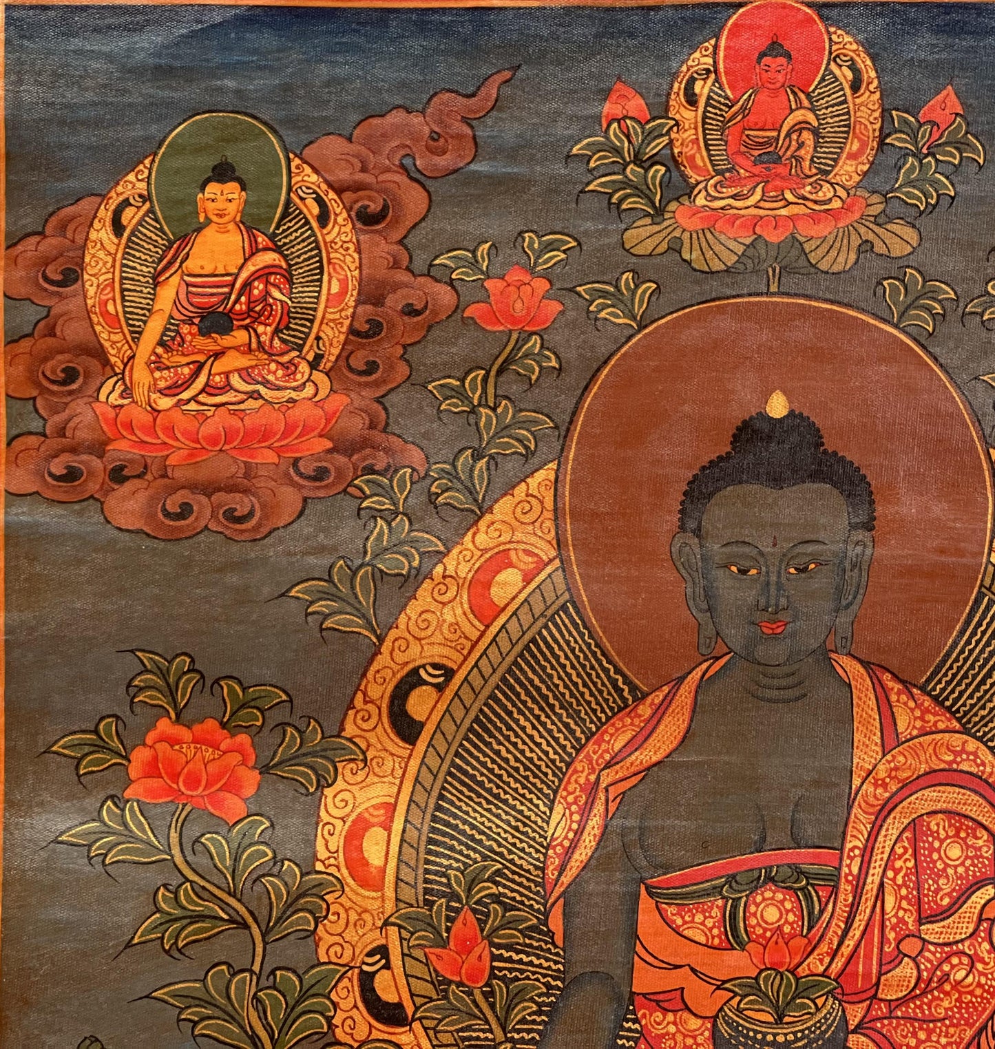 Medicine Buddha Thangka Painting with Silk Brocade- Hand-Painted Bhaisajyaguru Tibetan Healing Art, Oil Varnished