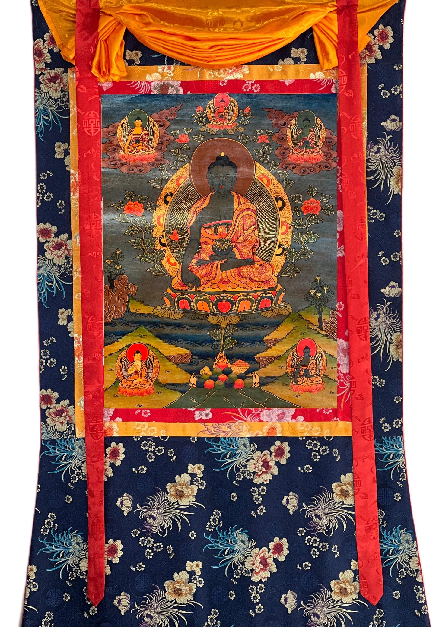 Medicine Buddha Thangka Painting with Silk Brocade- Hand-Painted Bhaisajyaguru Tibetan Healing Art, Oil Varnished