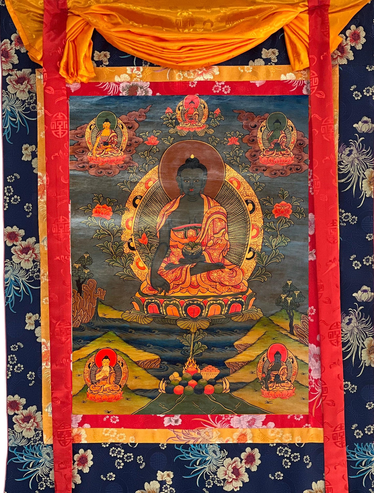 Medicine Buddha Thangka Painting with Silk Brocade- Hand-Painted Bhaisajyaguru Tibetan Healing Art, Oil Varnished