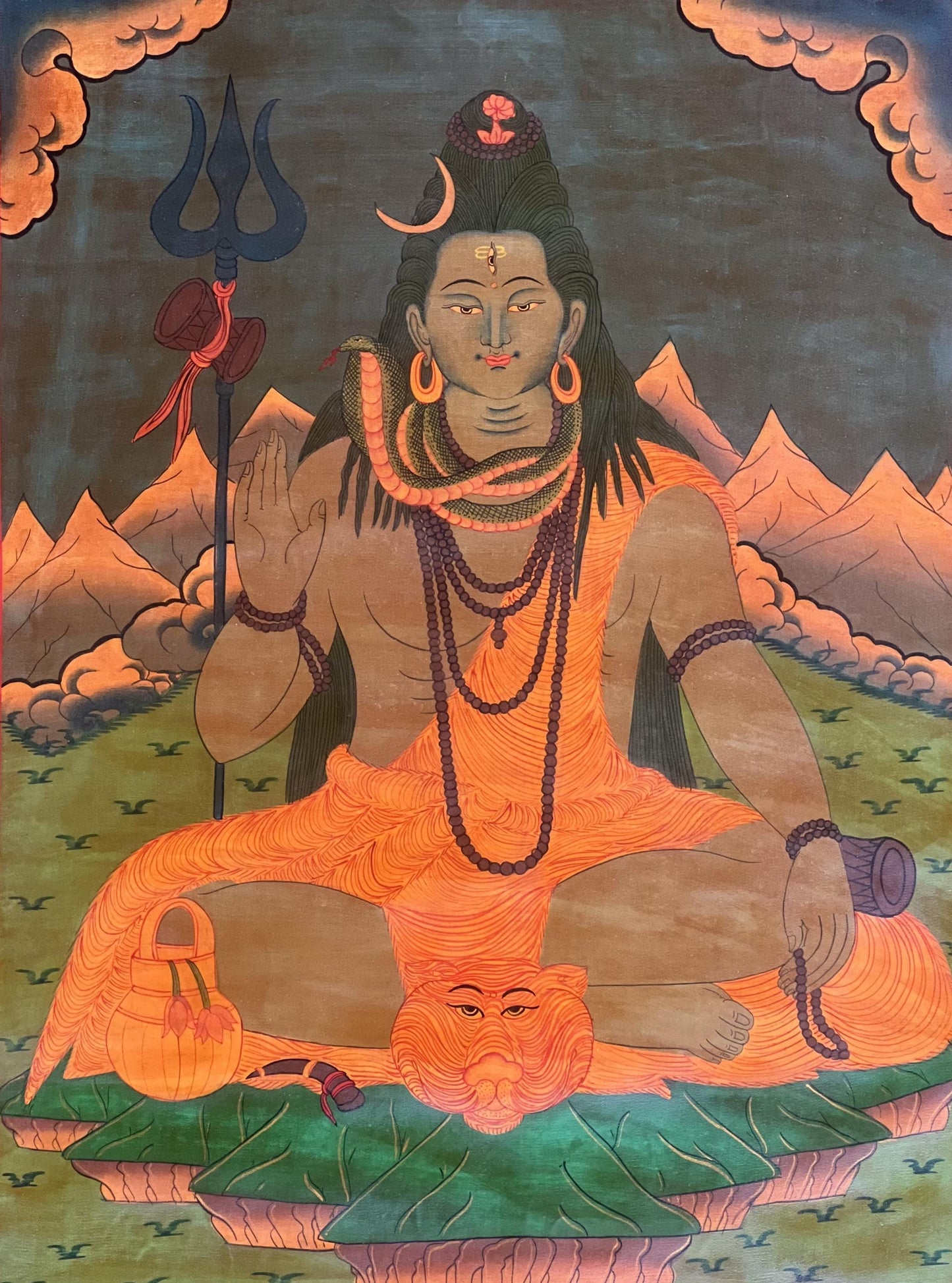 Hand-Painted Shiva Thangka Painting with Silk Brocade, Oil Varnished