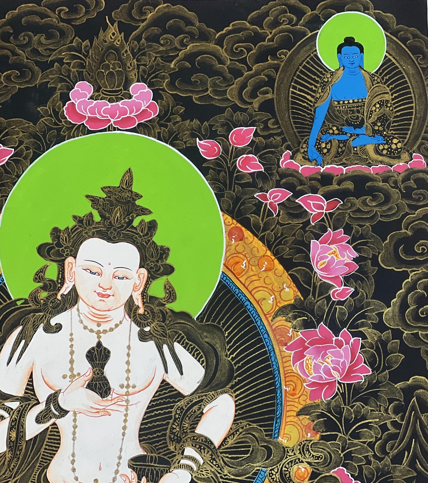 Hand-Painted White Manjushri Thangka with Silk Brocade