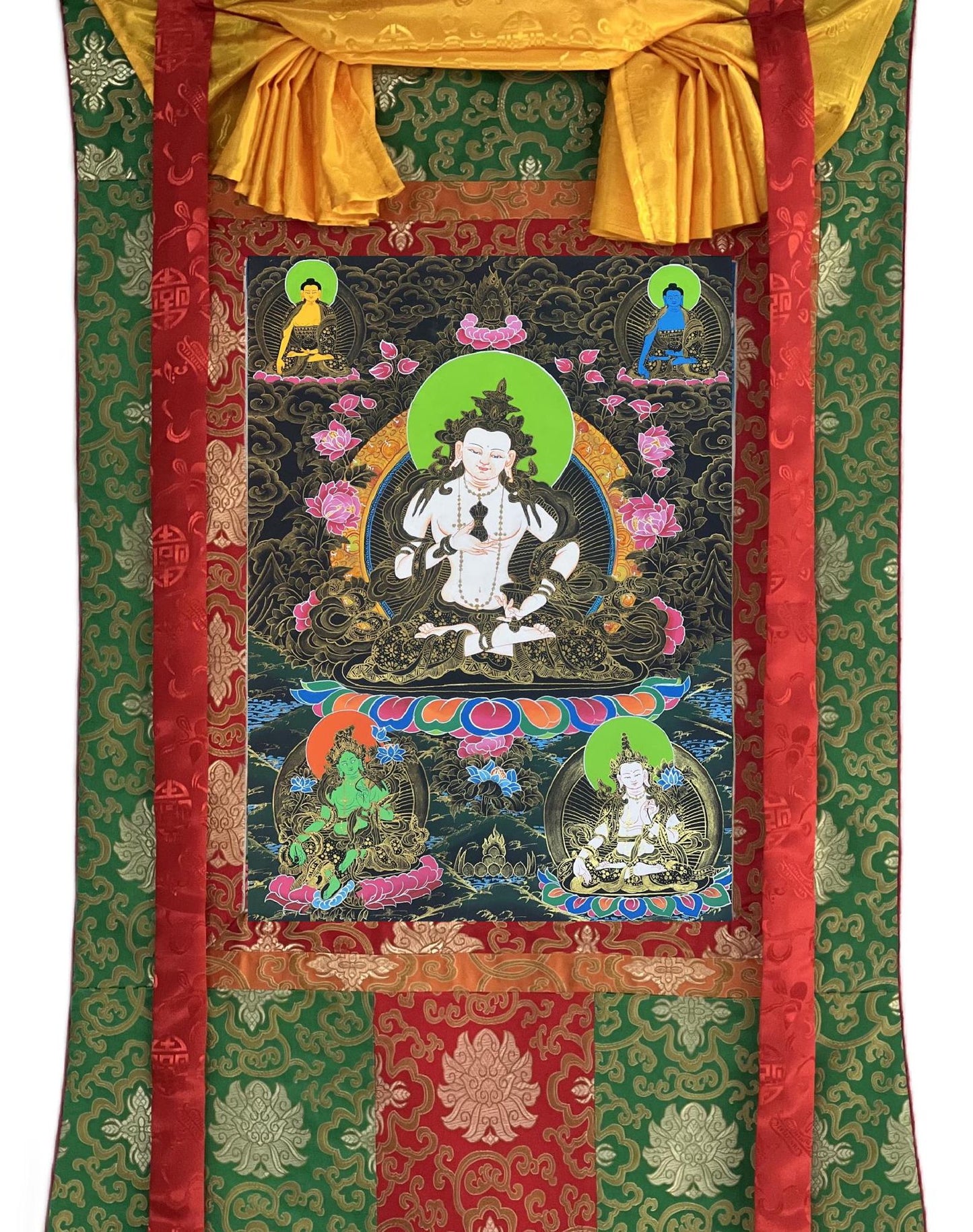 Hand-Painted White Manjushri Thangka with Silk Brocade