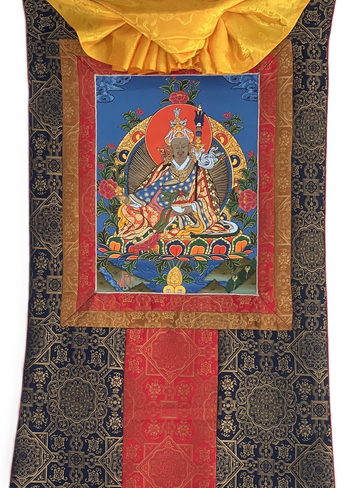 Hand-Painted Guru Rinpoche Thangka Painting with Silk Brocade