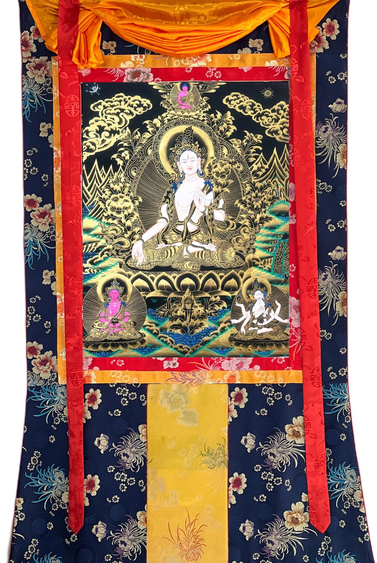 Hand-Painted White Tara Thangka: Mother Goddess, Silk Brocade