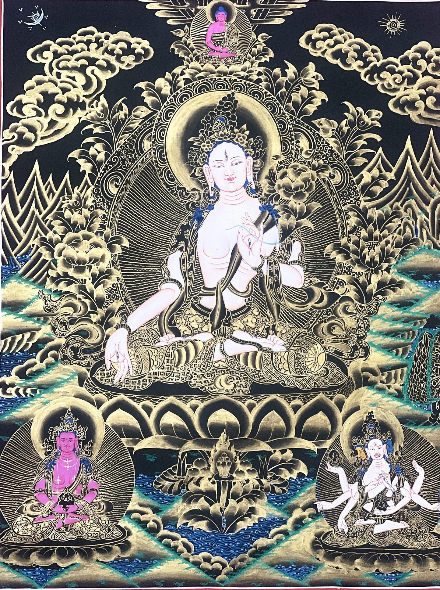 Hand-Painted White Tara Thangka: Mother Goddess, Silk Brocade