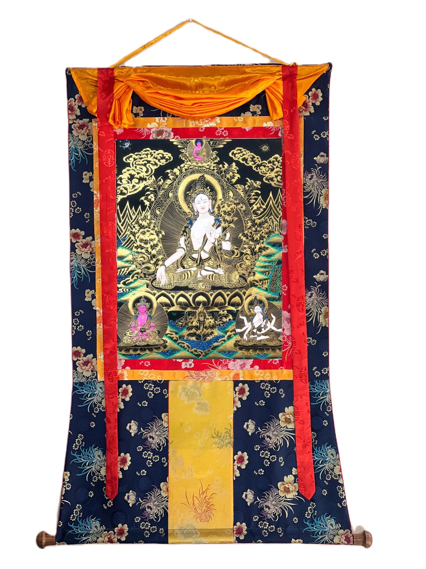 Hand-Painted White Tara Thangka: Mother Goddess, Silk Brocade