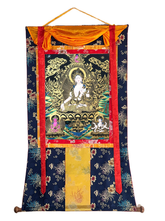 Hand-Painted White Tara Thangka: Mother Goddess, Silk Brocade