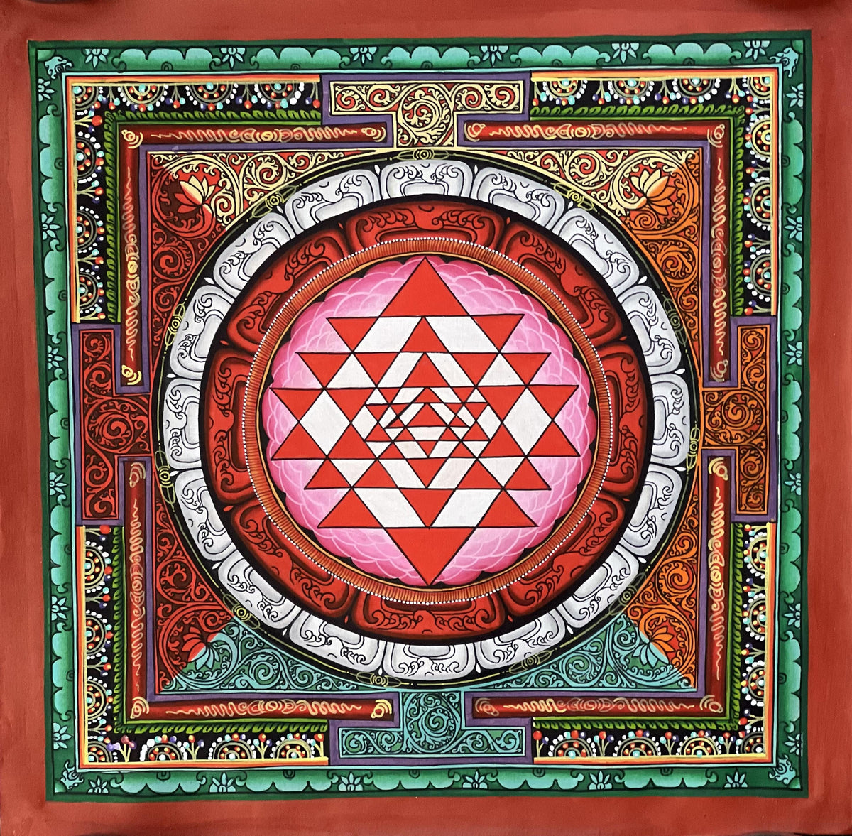 Handmade Shree Yantra Painting, Newari Thangka Art on Canvas