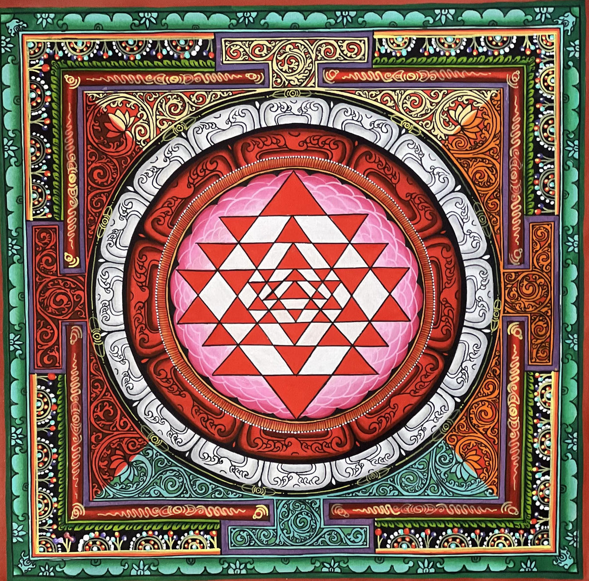 Handmade Shree Yantra Painting, Newari Thangka Art on Canvas