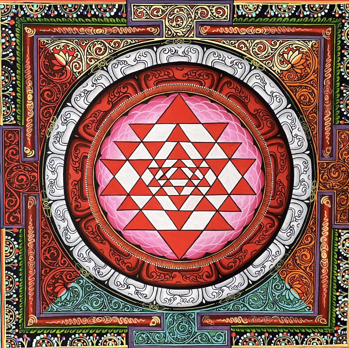 Handmade Shree Yantra Painting, Newari Thangka Art on Canvas