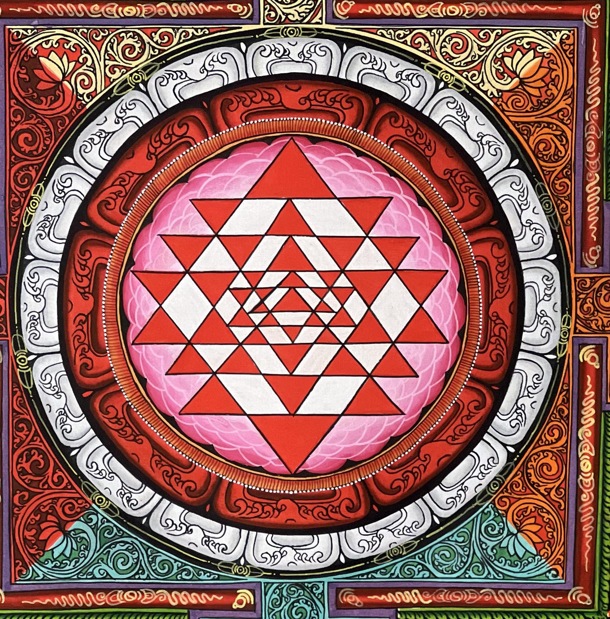 Handmade Shree Yantra Painting, Newari Thangka Art on Canvas