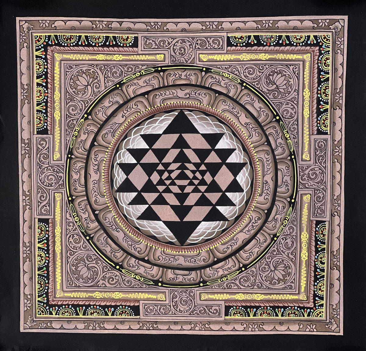 Hand-Painted Shree Yantra Mandala, Newari Paubha Thangka Art