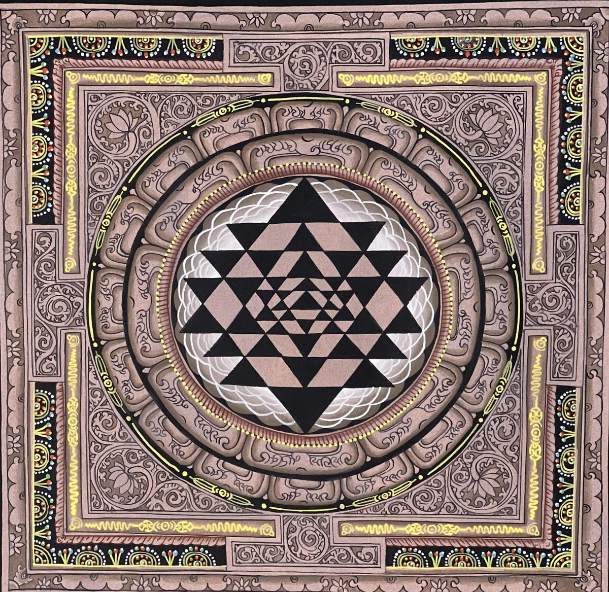 Hand-Painted Shree Yantra Mandala, Newari Paubha Thangka Art