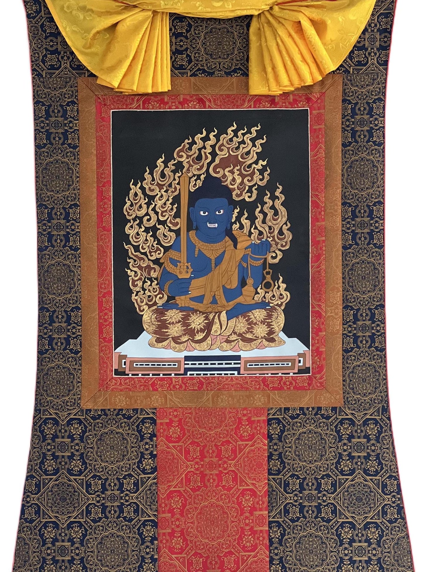 Hand-Painted Fudo Myo-o Thangka Painting with Silk Brocade