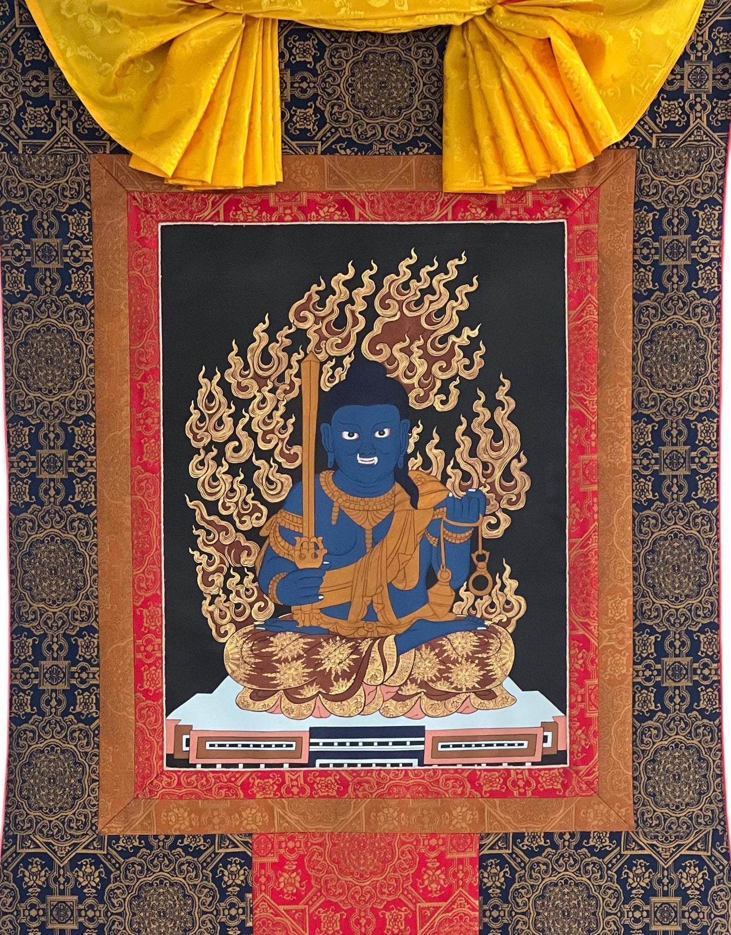 Hand-Painted Fudo Myo-o Thangka Painting with Silk Brocade