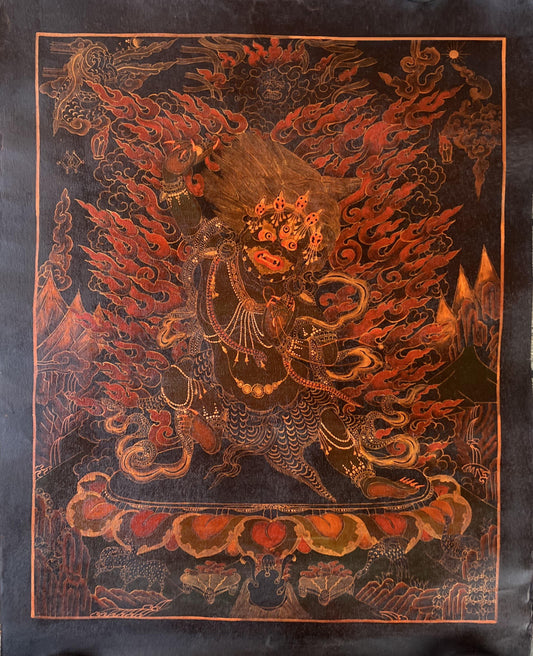 Original Hand-Painted Vajrapani Dharmapala Masterpiece Oil-Varnished Old Tibetan Thangka Painting / Compassion Meditation Art