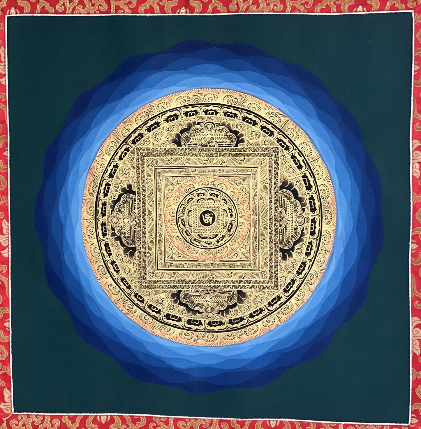 Hand-Painted Om Mantra Mandala Thangka | Tibetan Meditation Art, Silk Brocade