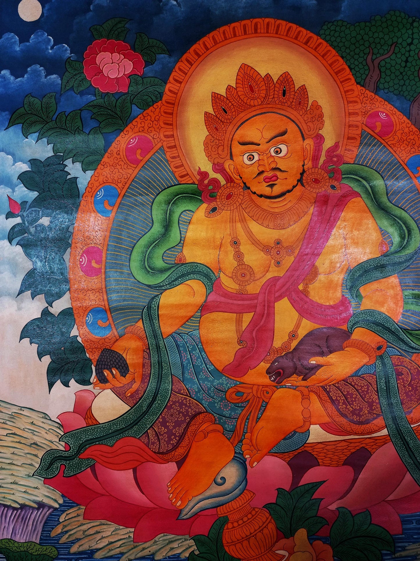 Hand-Painted Kubera Jambhala Thangka, Newari Style Wealth God Art (18x24 inch)