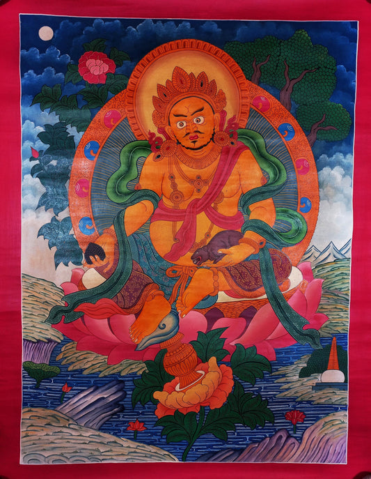 Hand-Painted Kubera Jambhala Thangka, Newari Style Wealth God Art (18x24 inch)