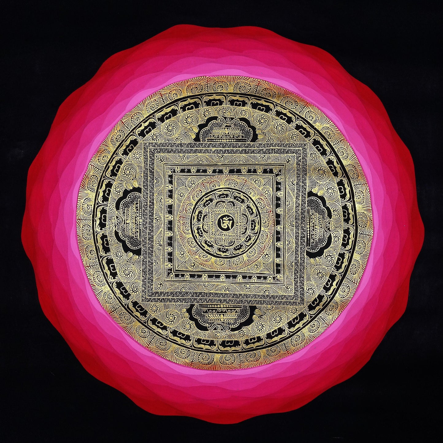 Hand-Painted Om Mandala Tibetan Thangka  | Sacred Meditation & Spiritual Wall Art with Silk Brocade