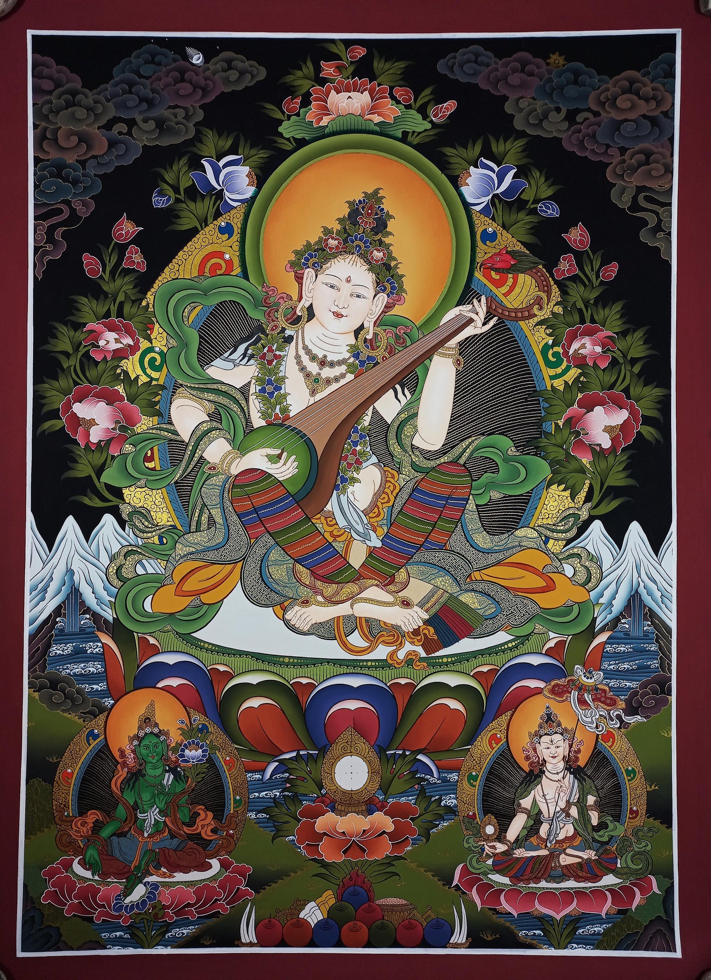 Hand-Painted Saraswati Thangka Painting, 24K Gold, Nepal