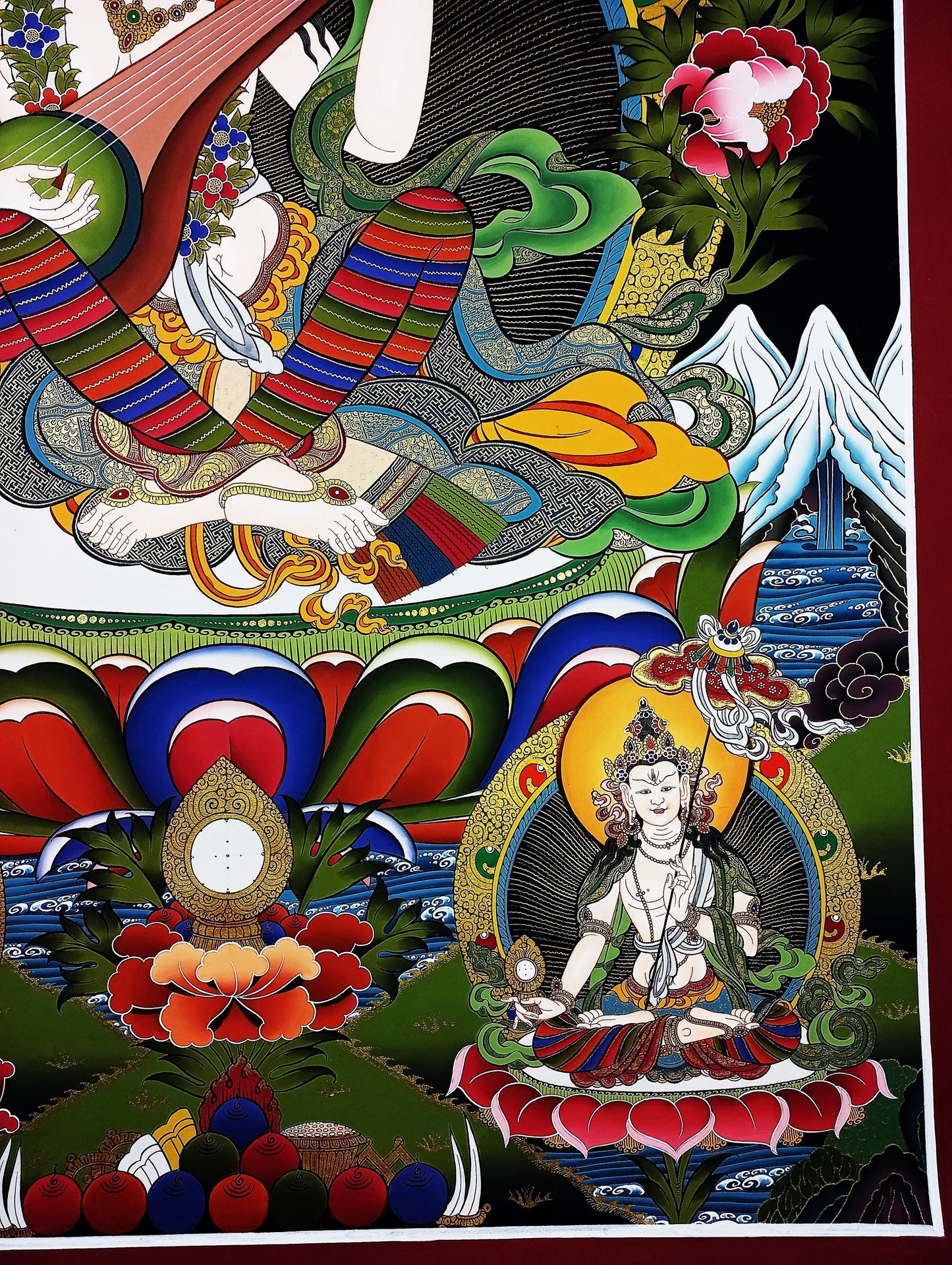 Hand-Painted Saraswati Thangka Painting, 24K Gold, Nepal