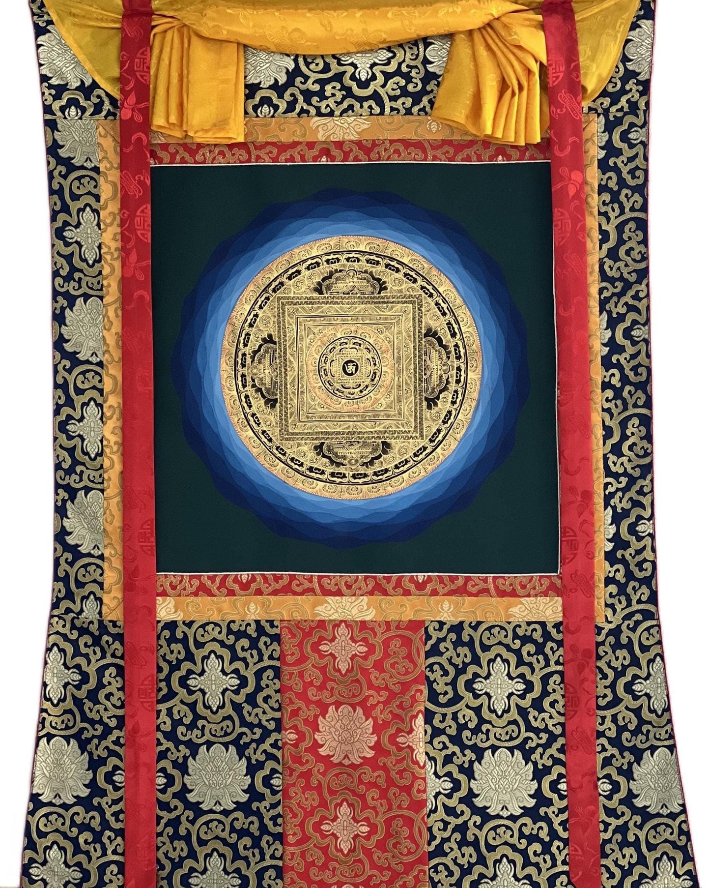 Hand-Painted Om Mantra Mandala Thangka | Tibetan Meditation Art, Silk Brocade