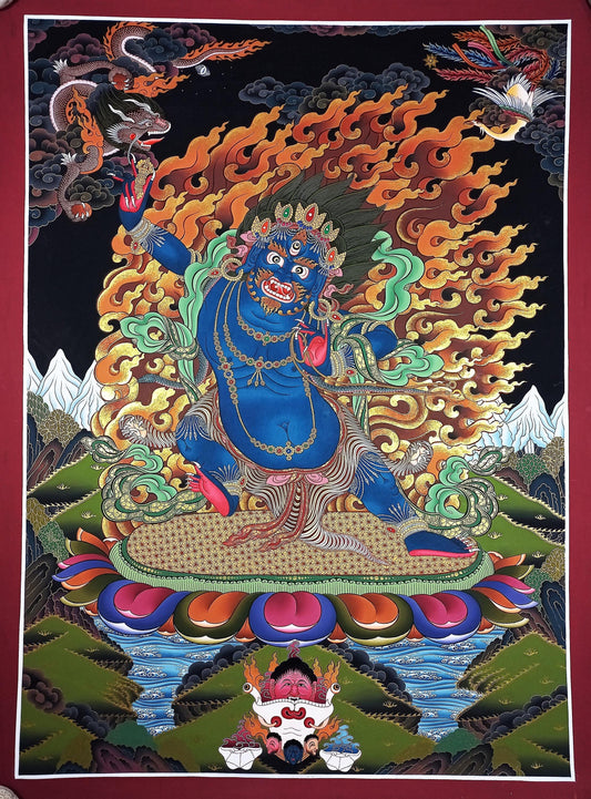 Hand-Painted Vajrapani Thangka Painting, Tibetan Buddhist Art (29x40 in)