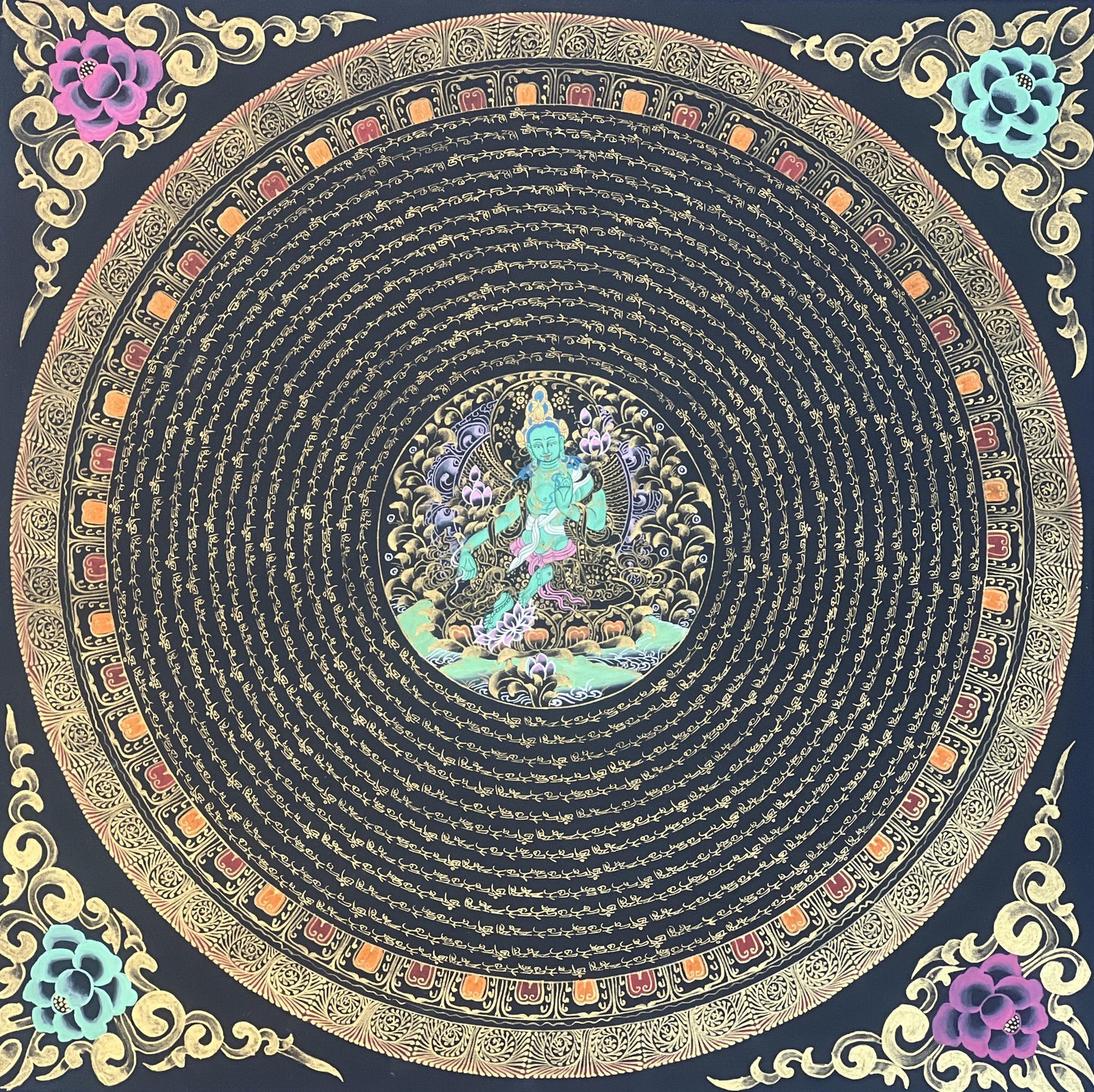 Hand-Painted Green Tara Mandala Thangka | Tibetan Meditation Art, Silk Brocade