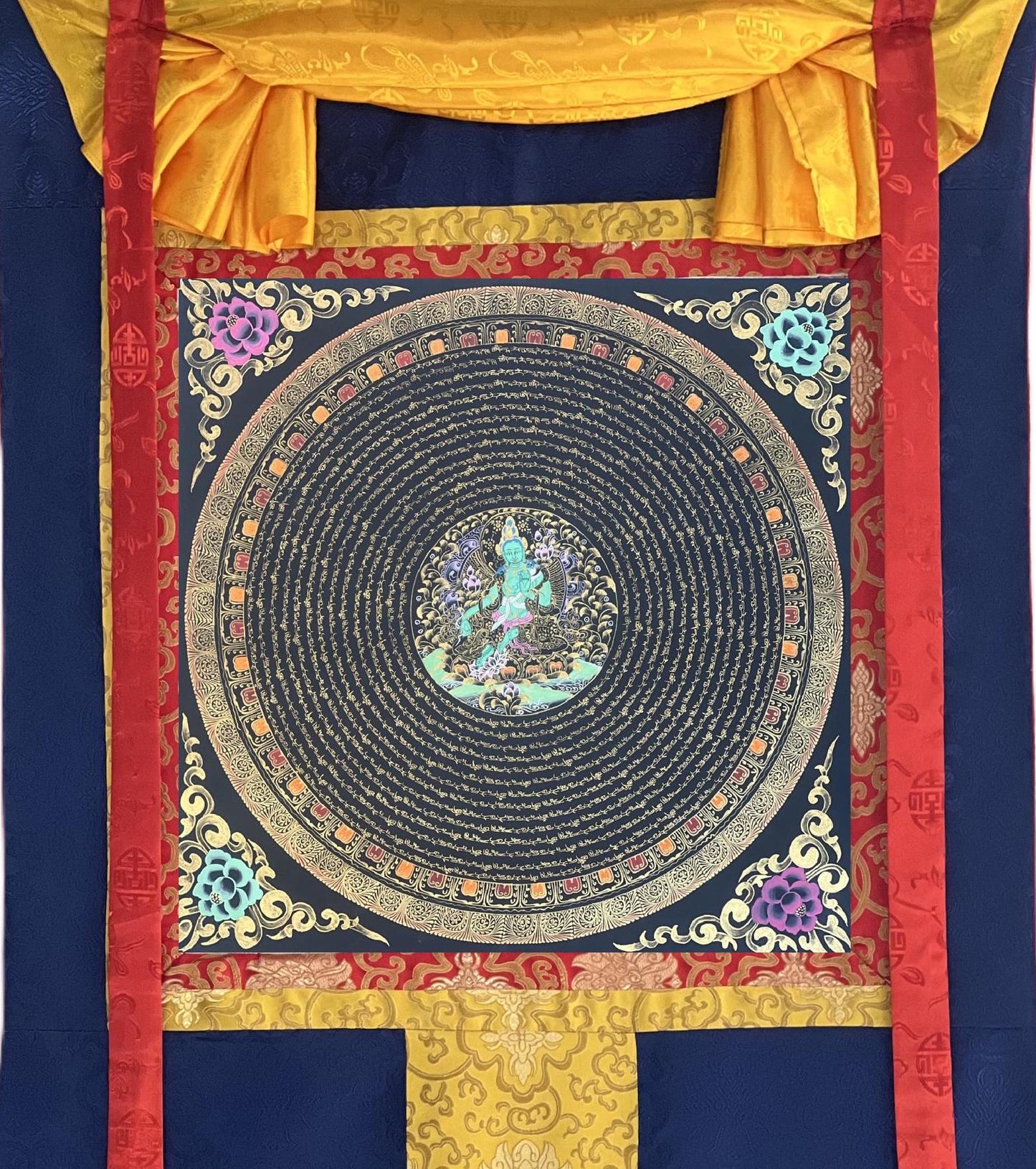 Hand-Painted Green Tara Mandala Thangka | Tibetan Meditation Art, Silk Brocade
