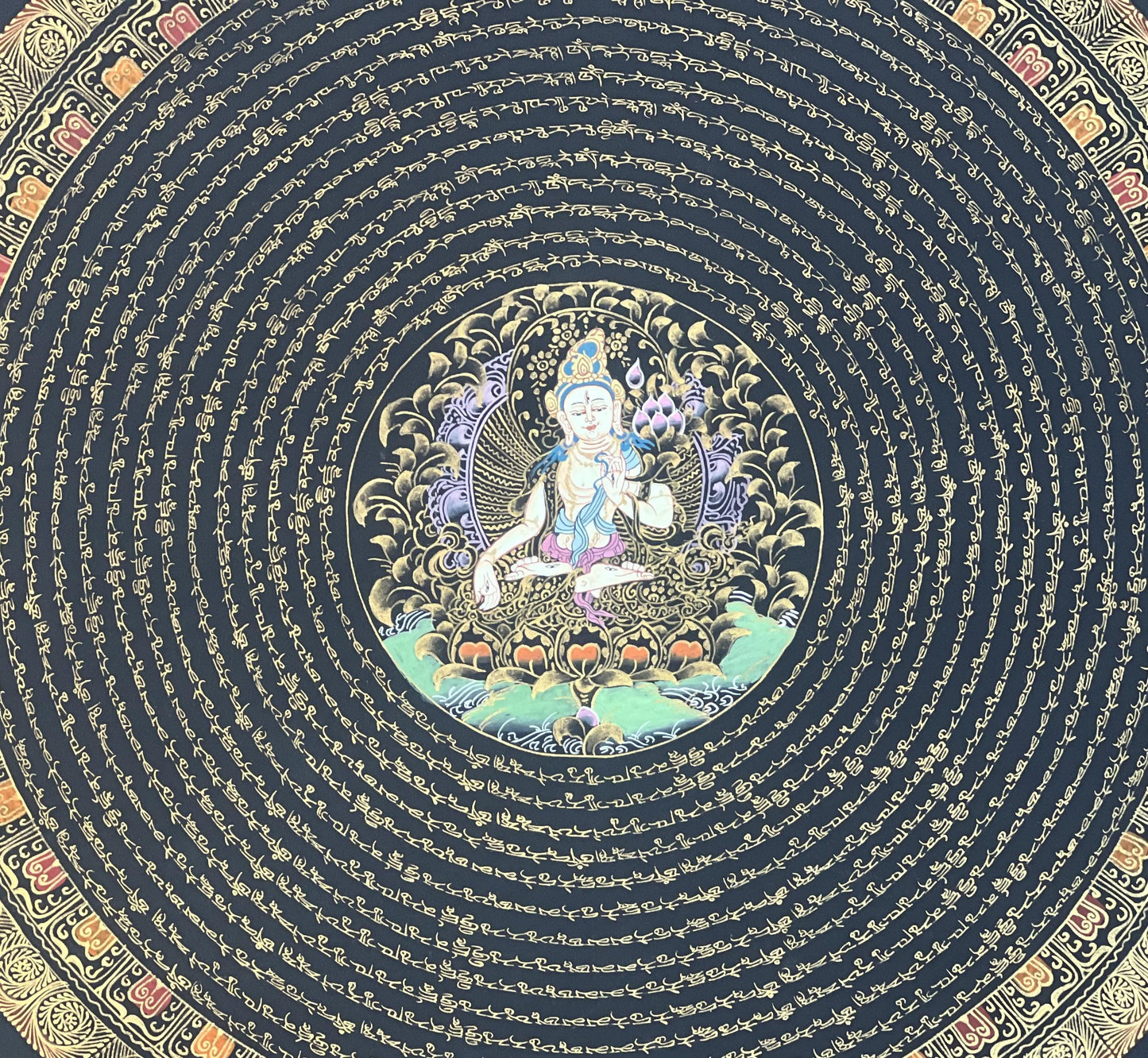 Hand Painted White Tara Mandala Thangka with Silk Brocade