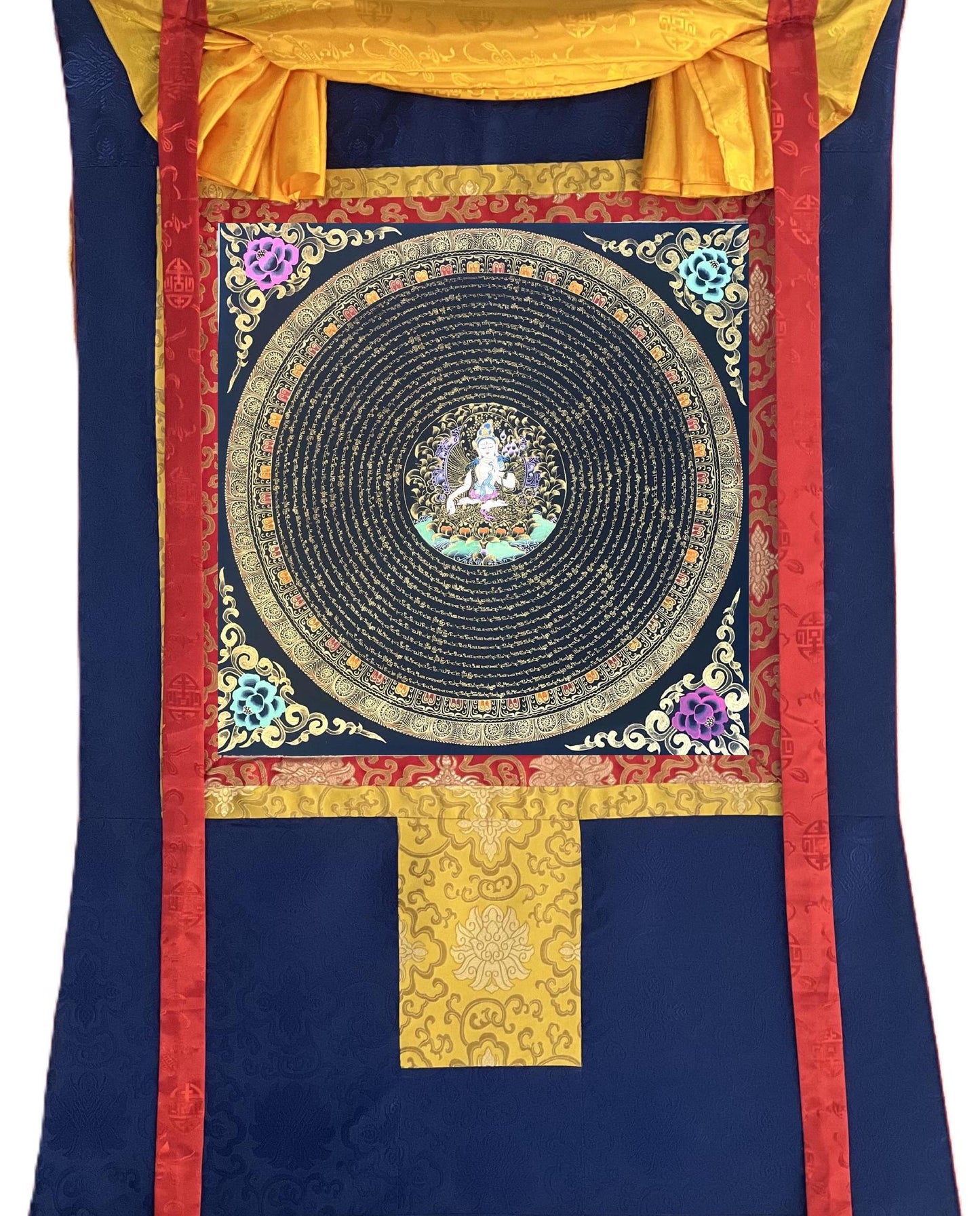 Hand Painted White Tara Mandala Thangka with Silk Brocade