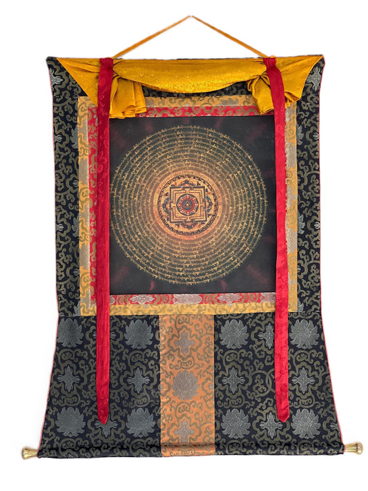Om Mantra Mandala Thangka | Tibetan Meditation Painting with Silk Brocade