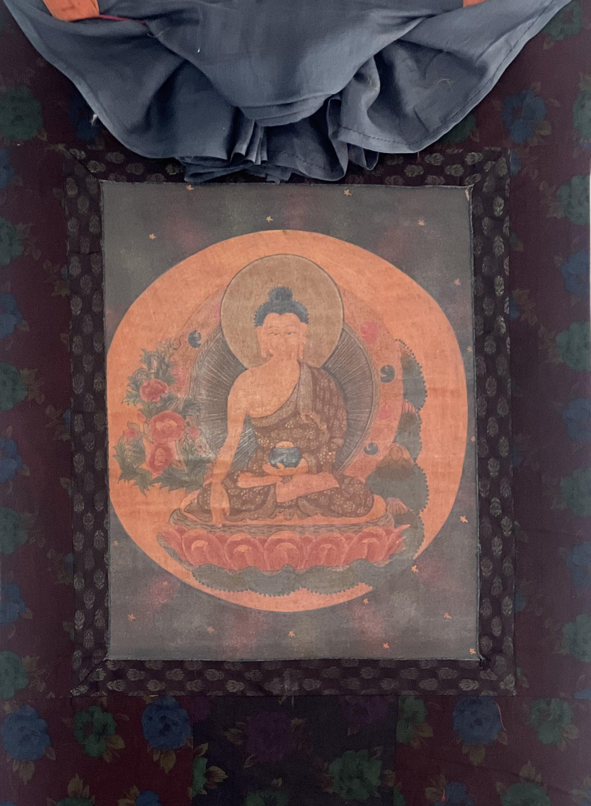 Old Tibetan Buddha Thangka Painting  Varnished Buddhist Art, Cotton Brocade Frame