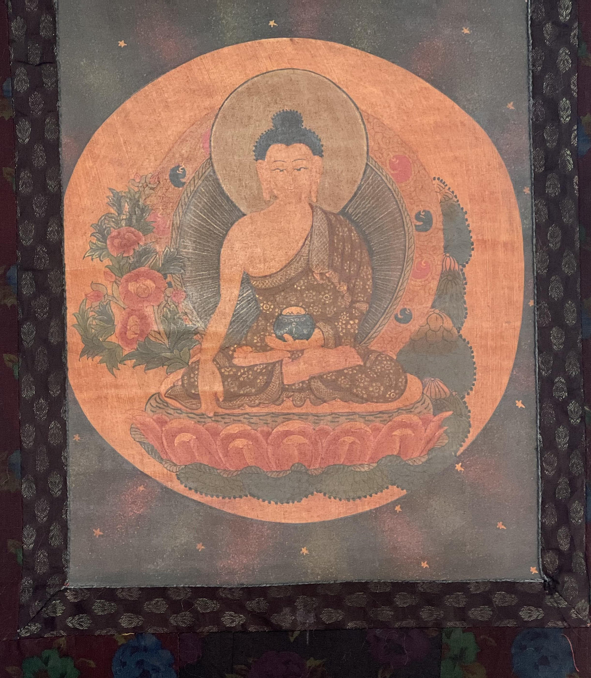 Old Tibetan Buddha Thangka Painting  Varnished Buddhist Art, Cotton Brocade Frame