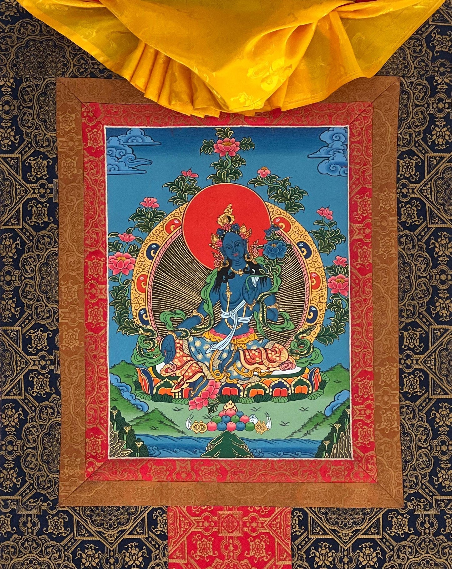 Hand-Painted Blue Tara Thangka Painting | Tibetan Buddhist Art with Silk Frame
