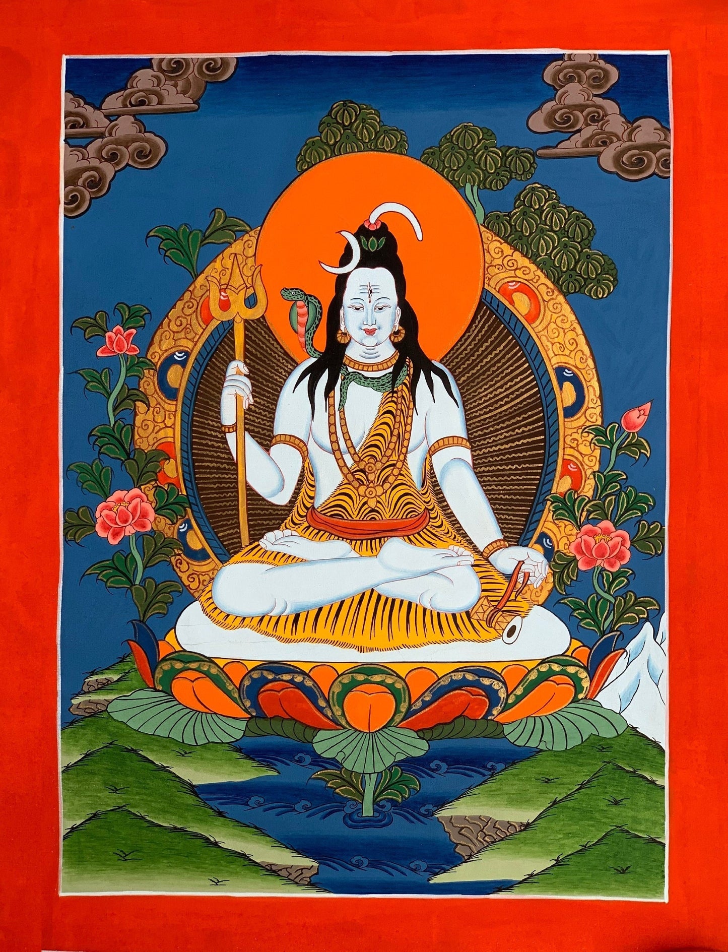 Hand-Painted Lord Shiva Thangka Hindu Sacred Wall Art with Silk Brocade Option