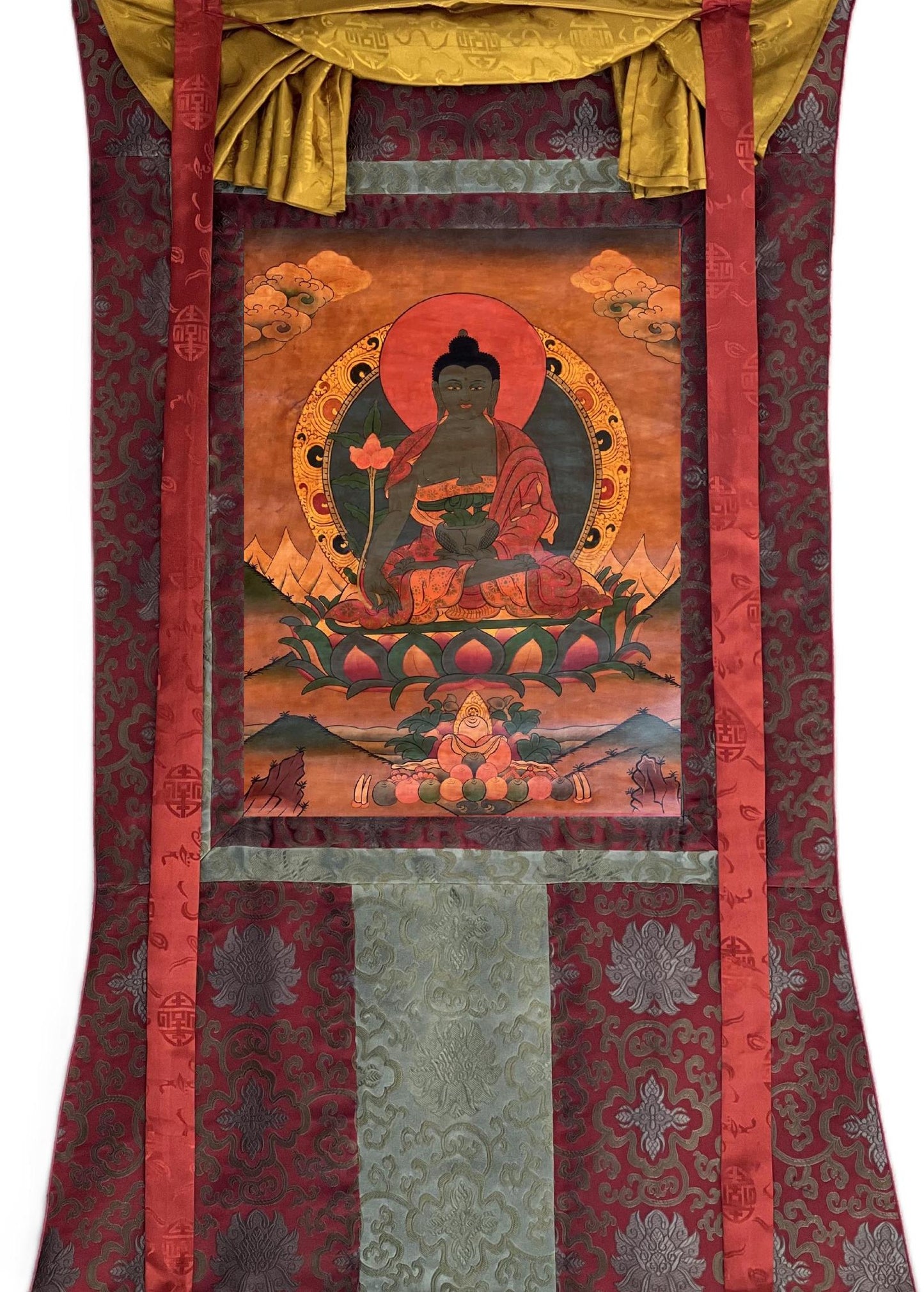Hand-Painted Medicine Buddha Thangka Painting, Framed Silk Brocade, Tibetan Art