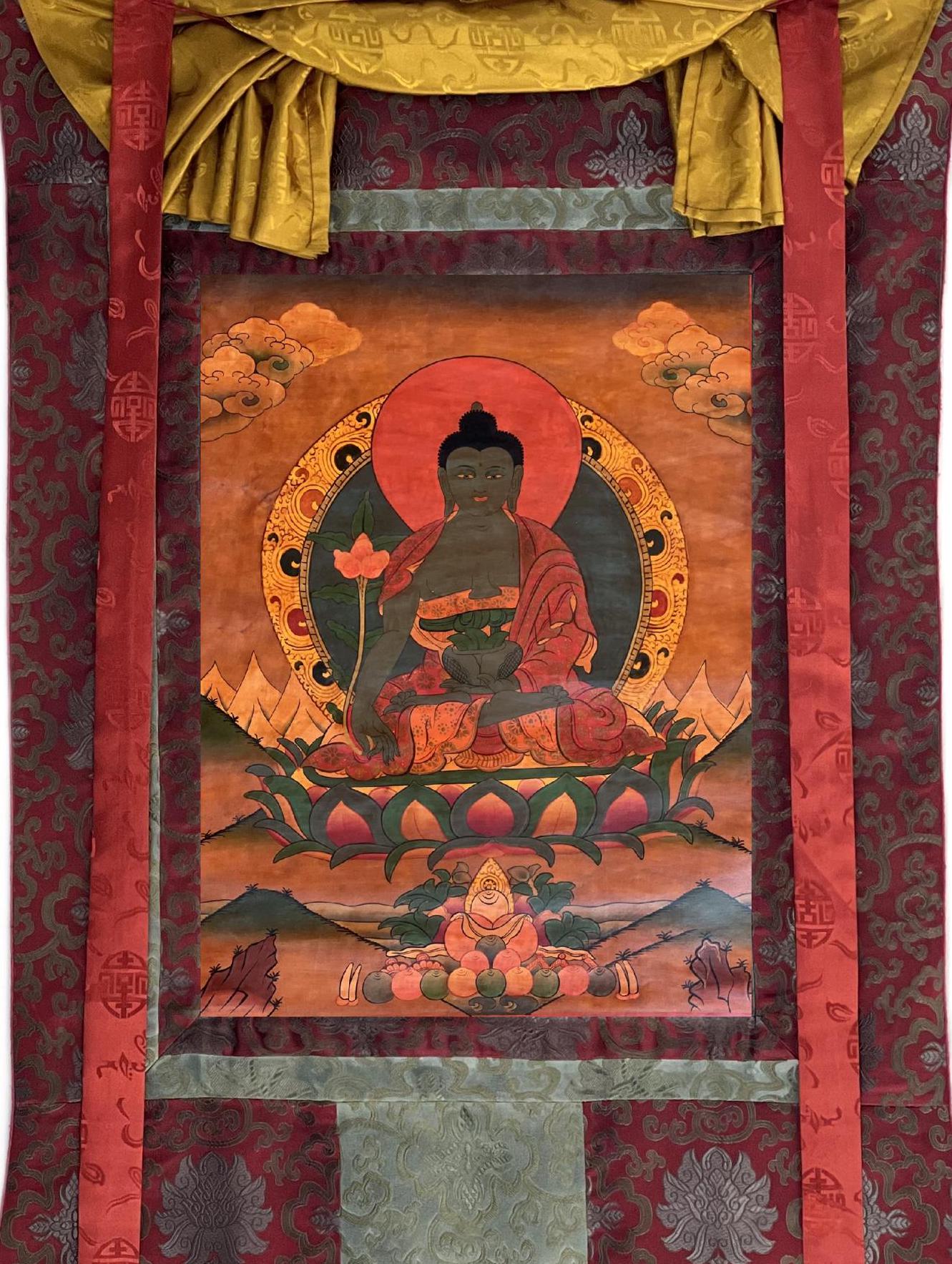 Hand-Painted Medicine Buddha Thangka Painting, Framed Silk Brocade, Tibetan Art