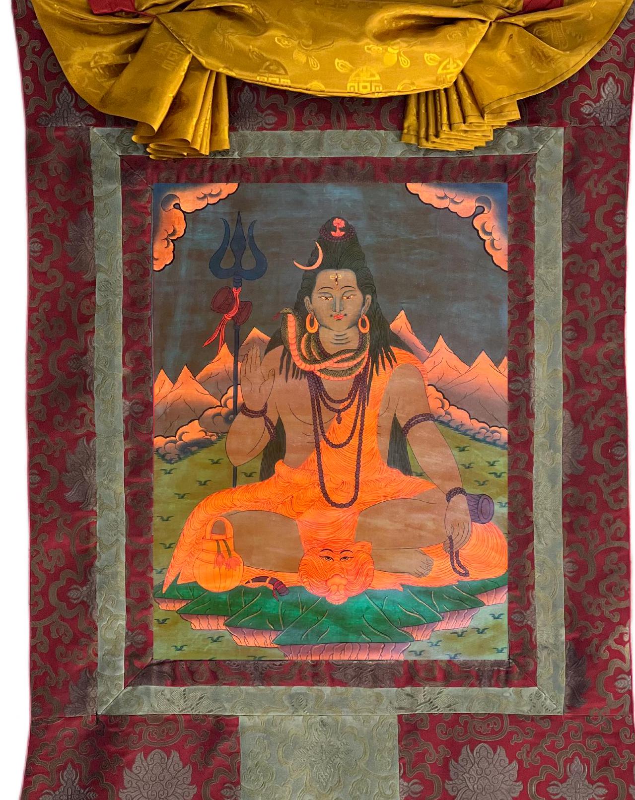 Hand-Painted Shiva Thangka Painting with Silk Brocade, Oil Varnished