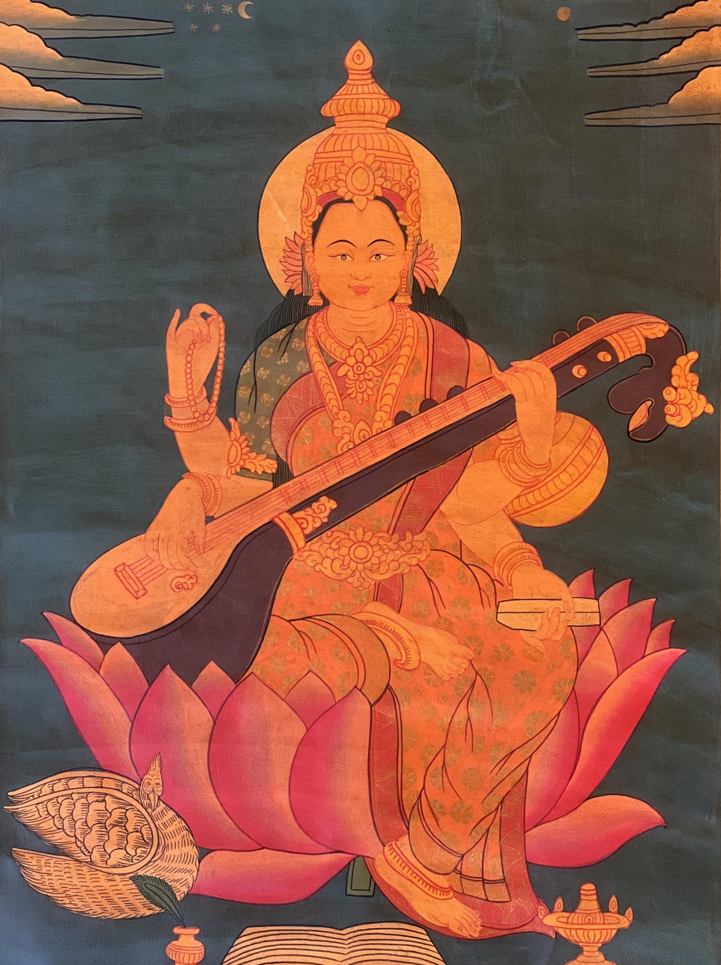 Hand-Painted Saraswati Thangka Painting with Silk Brocade