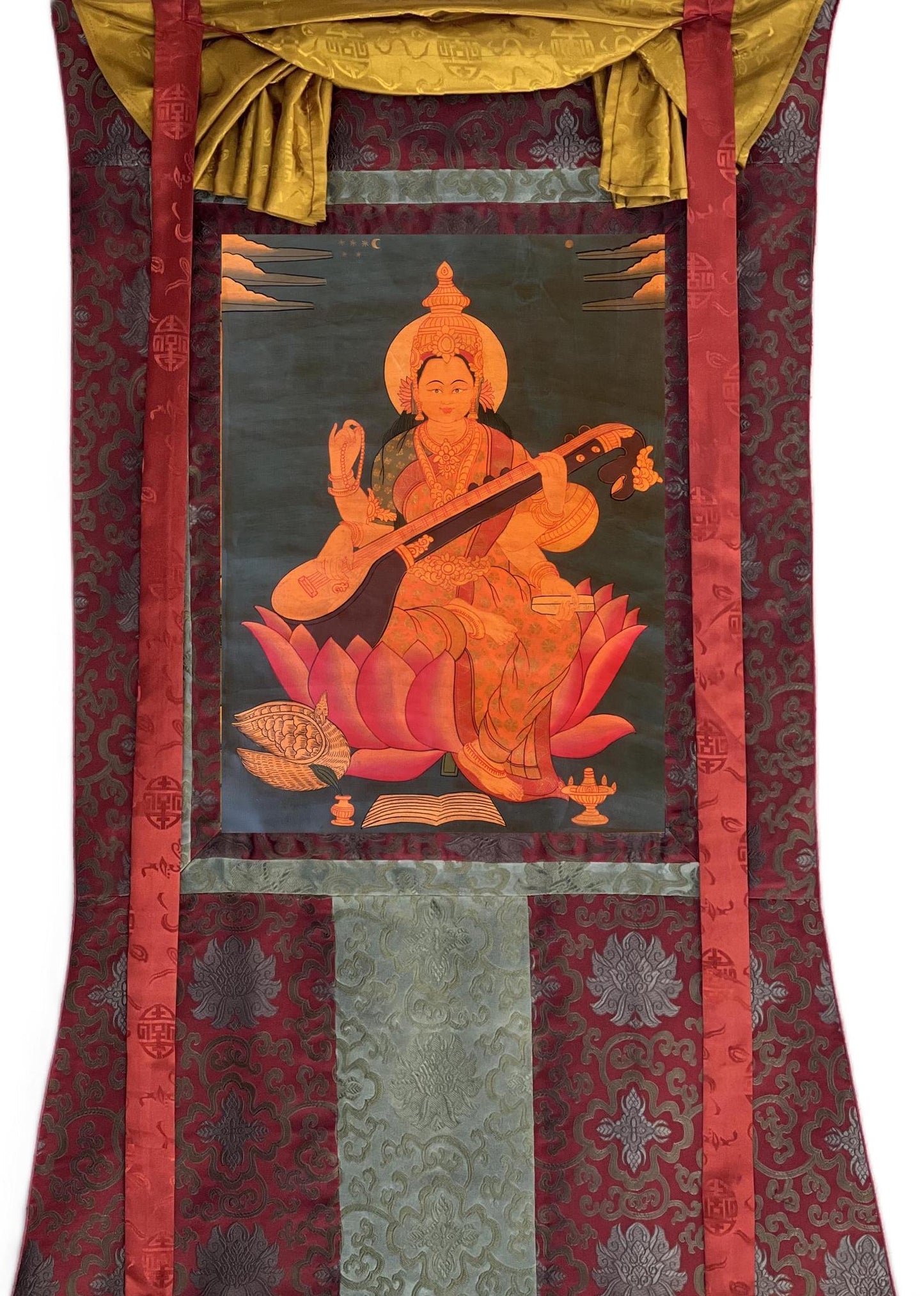 Hand-Painted Saraswati Thangka Painting with Silk Brocade