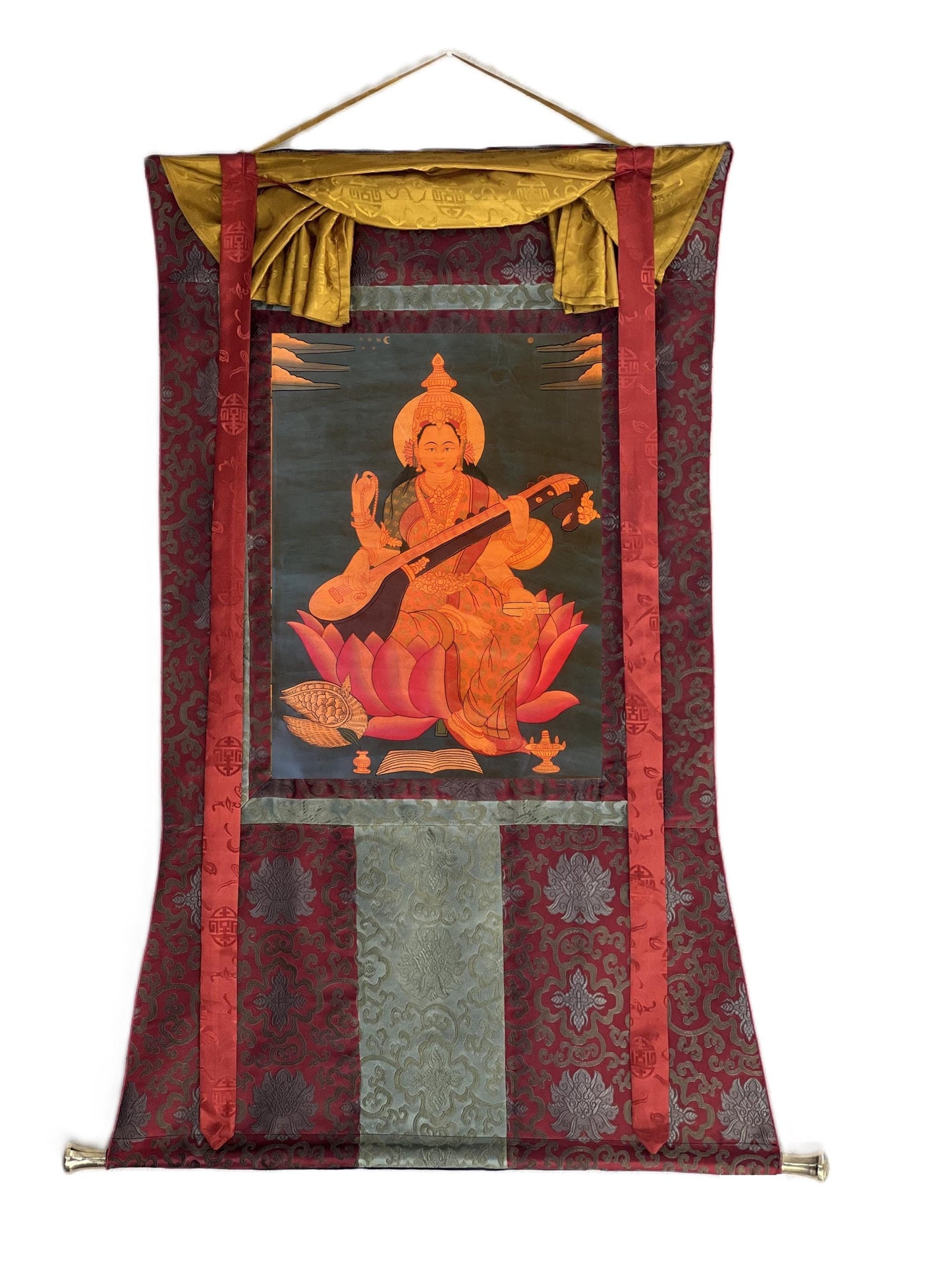 Hand-Painted Saraswati Thangka Painting with Silk Brocade