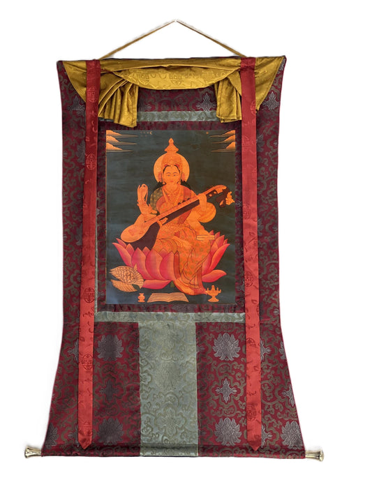 Hand-Painted Saraswati Thangka Painting with Silk Brocade