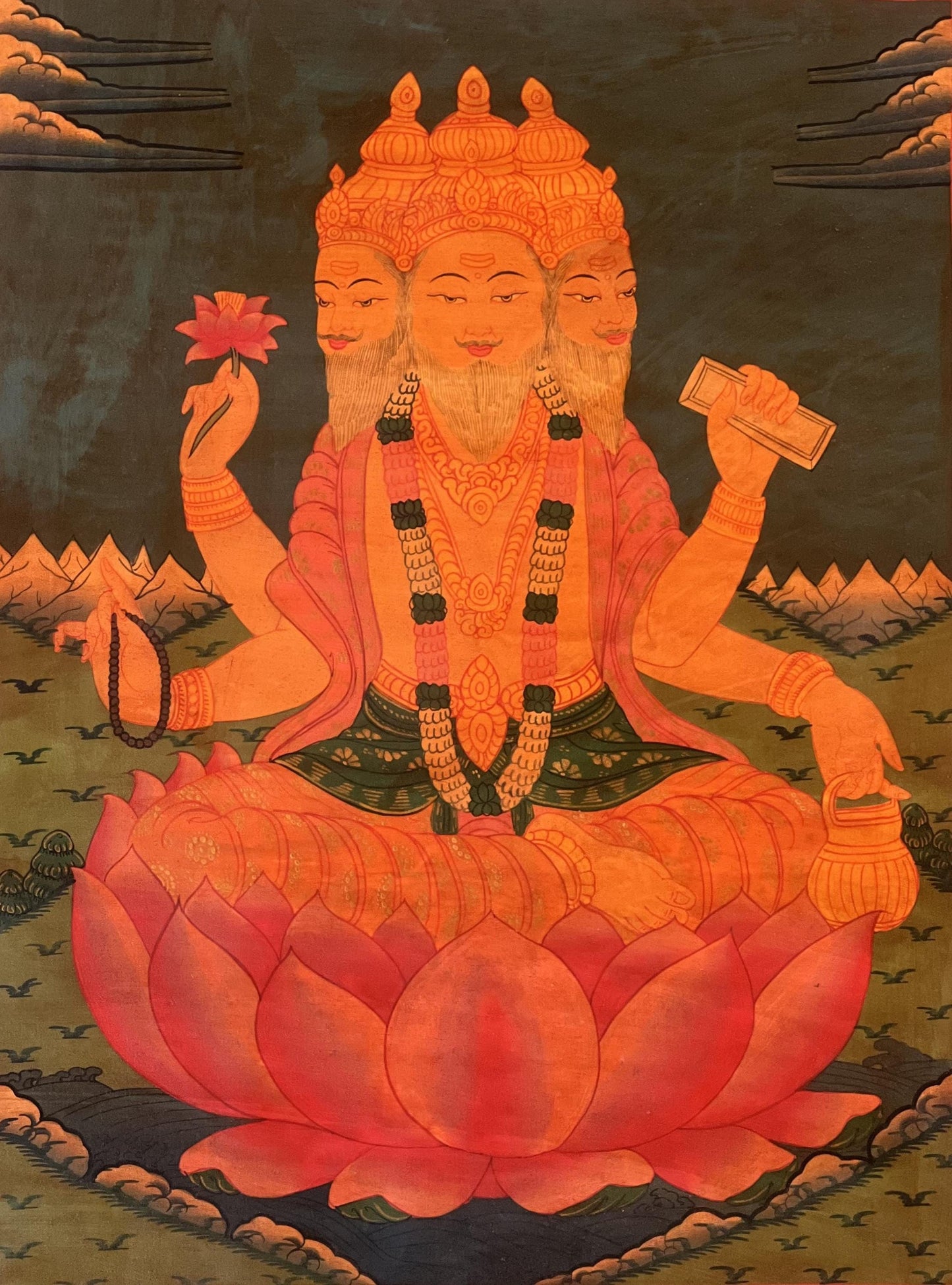 Hand-Painted Lord Brahma Thangka Painting with Silk Brocade, Oil Varnished