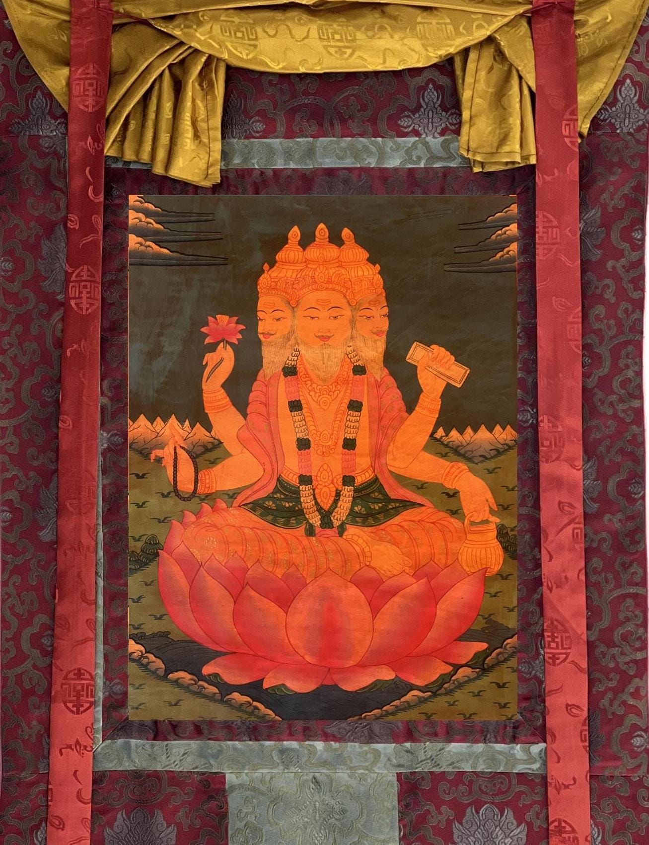 Hand-Painted Lord Brahma Thangka Painting with Silk Brocade, Oil Varnished