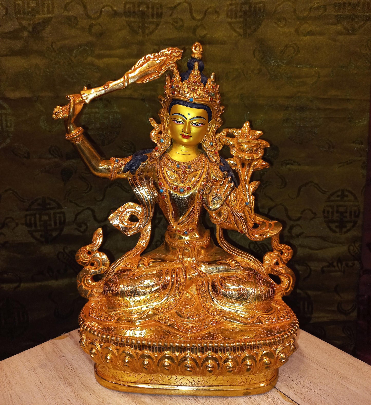 24K Gold Gilded Manjushri Statue | Handmade Nepal, Buddhist Art
