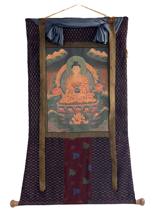 Hand-painted Shakyamuni Buddha Tibetan Thangka with Brocade