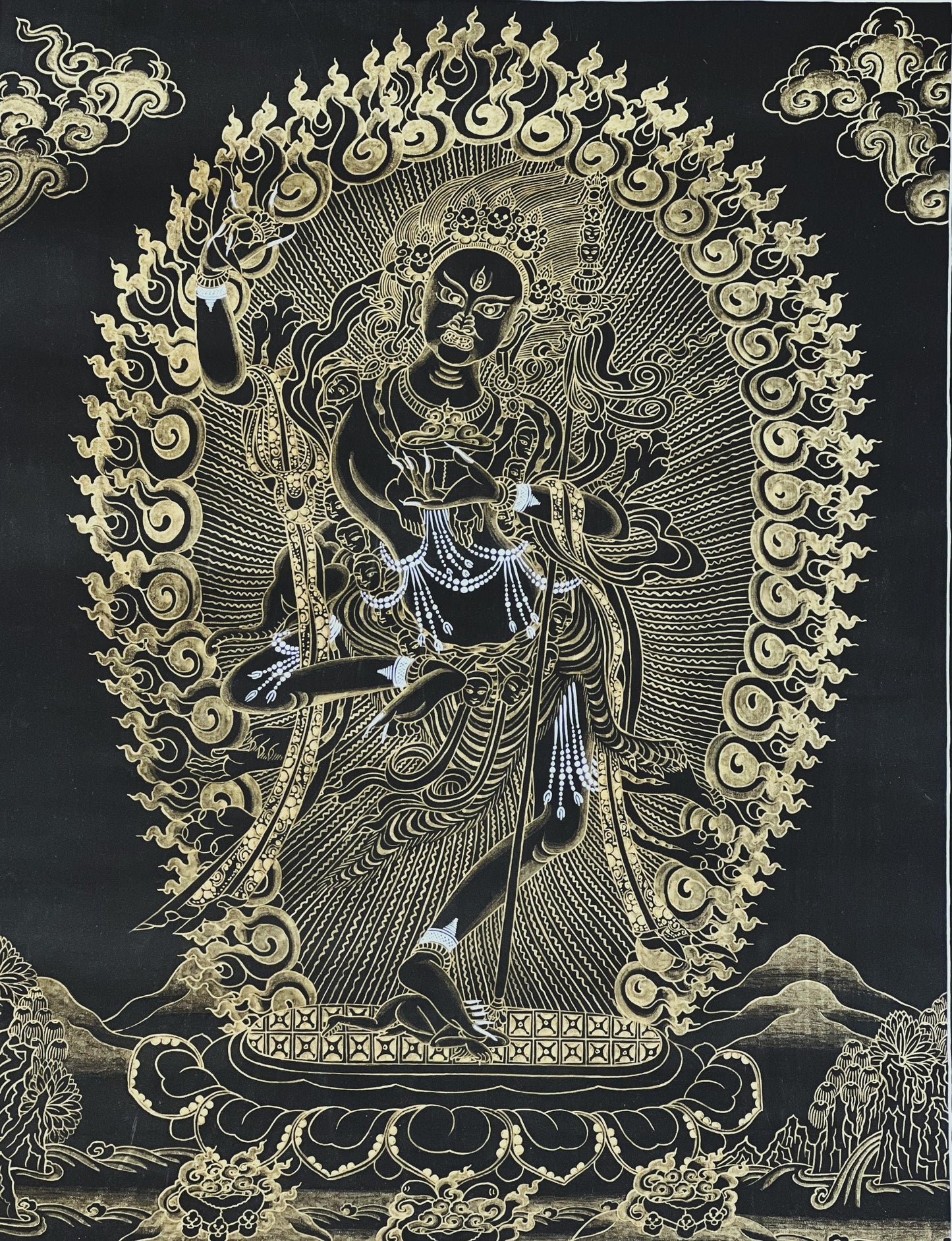 Hand Painted Vajravarahi Thangka: Black and Gold Tibetan Buddhist Art with Silk